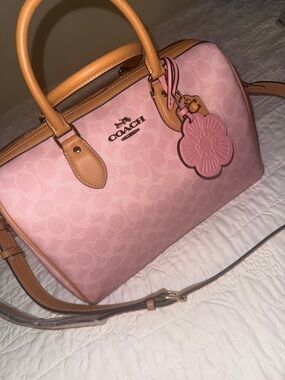 Coach Large Powder Pink Signature Satchel with Tan Leather Trim and Floral Charm